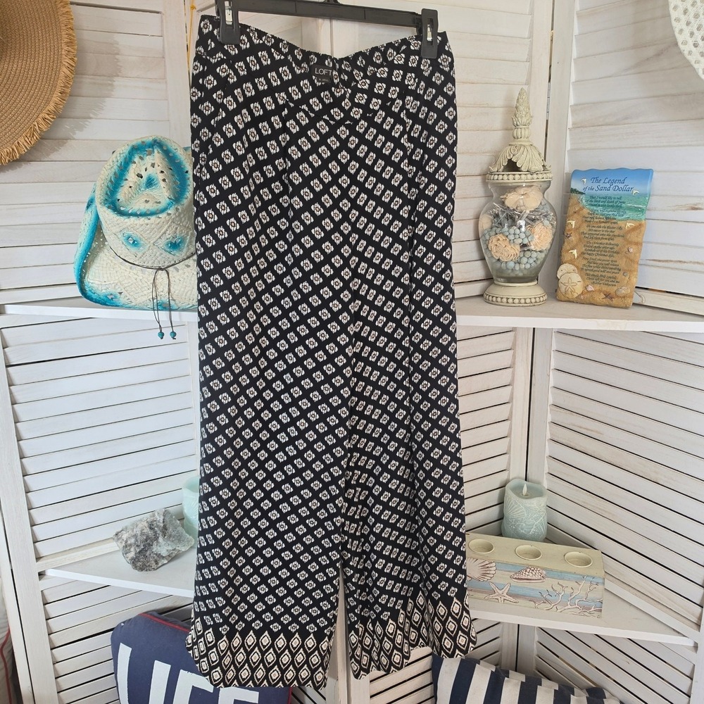 Loft Black Wide Leg Pants Size S Geometric Boho Elastic Waist Viscose Trousers